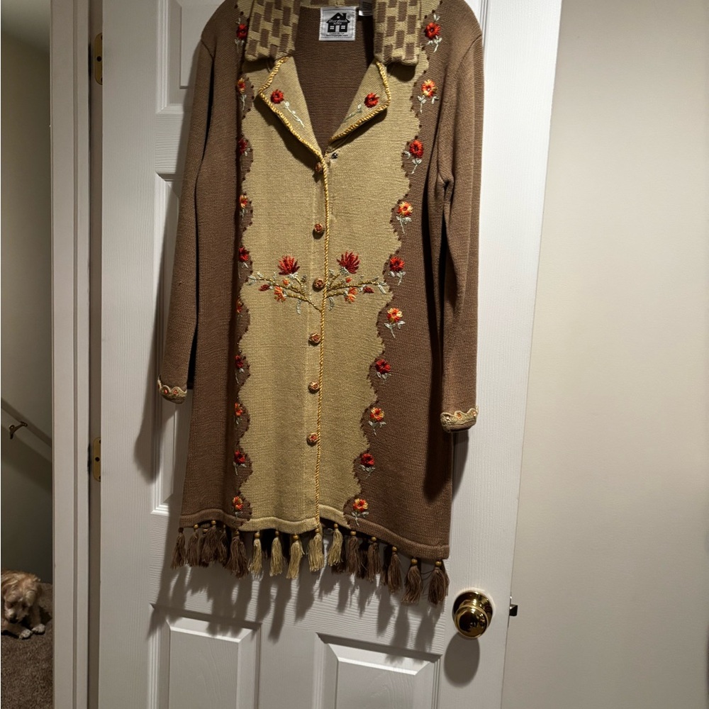 Embroidered Long Sweater Coat with Fringe